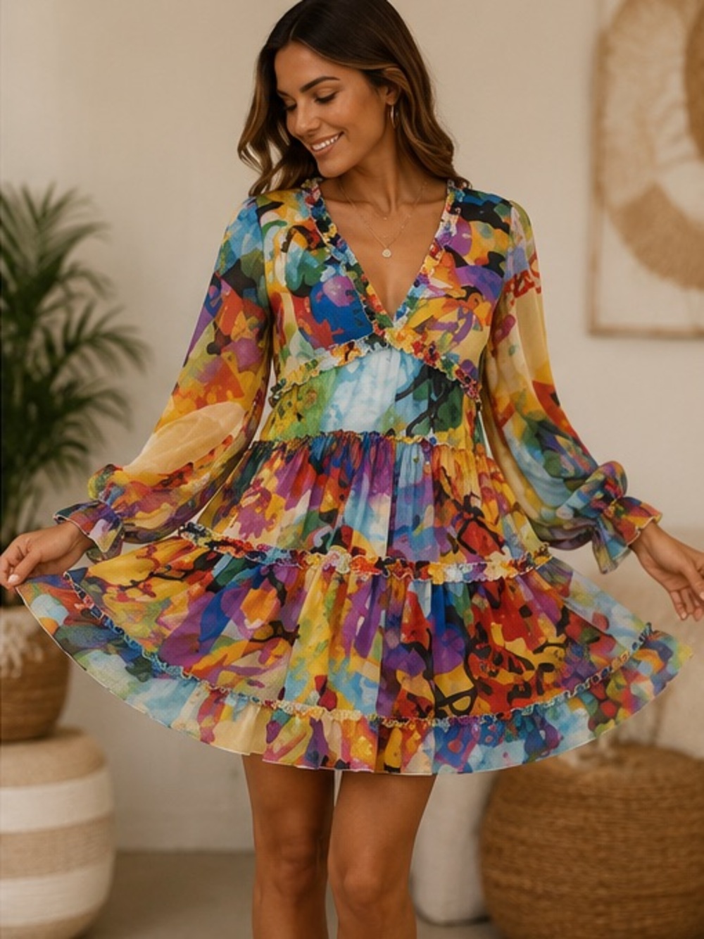 Truth NYC Colorful Abstract Print Tiered Ruffle Boho Dress V-Neck Lined Size 1X - Picture 4 of 11